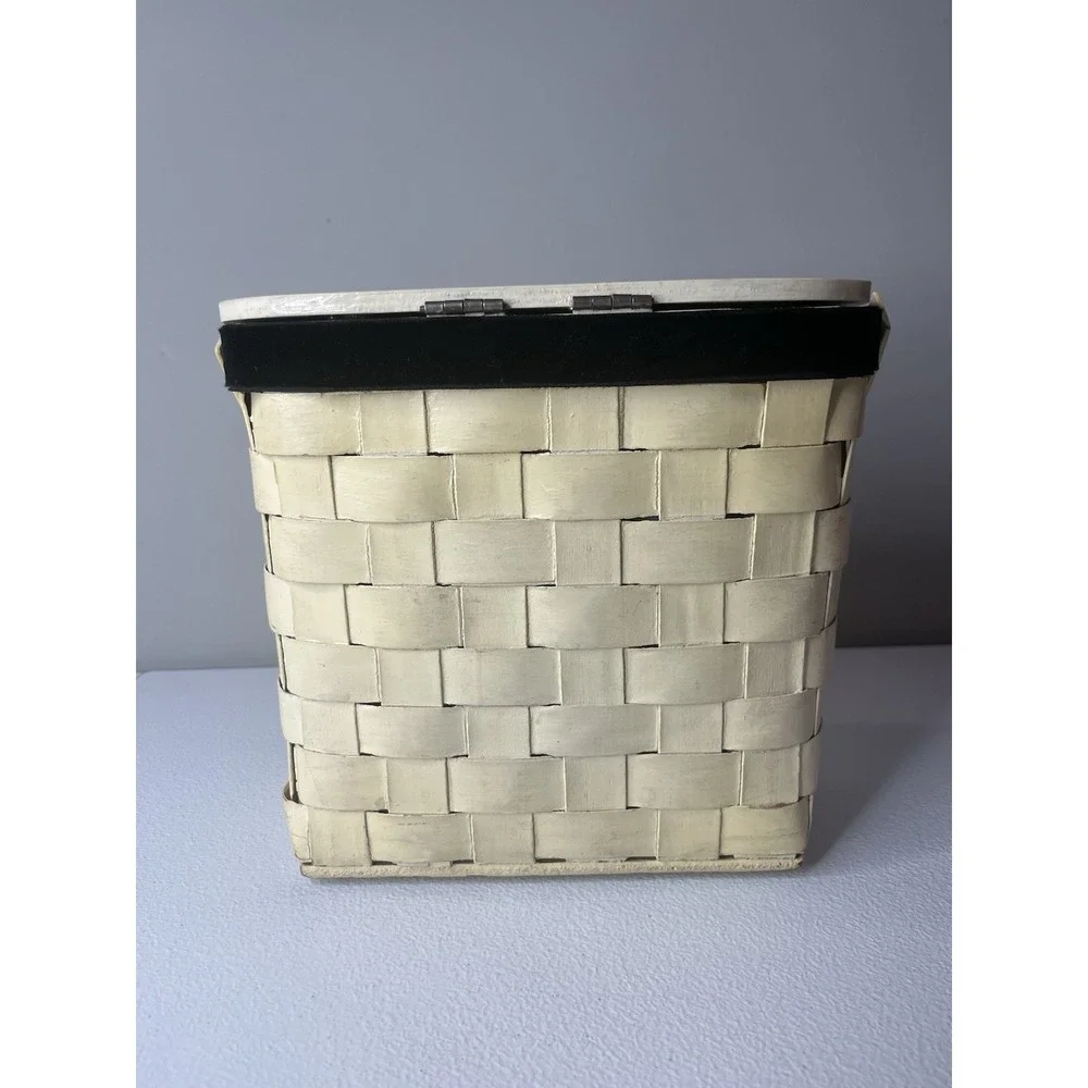 VTG Top Handle Wood Basket Purse Floral Lid‎ Woven Handbag Decoupage MCM